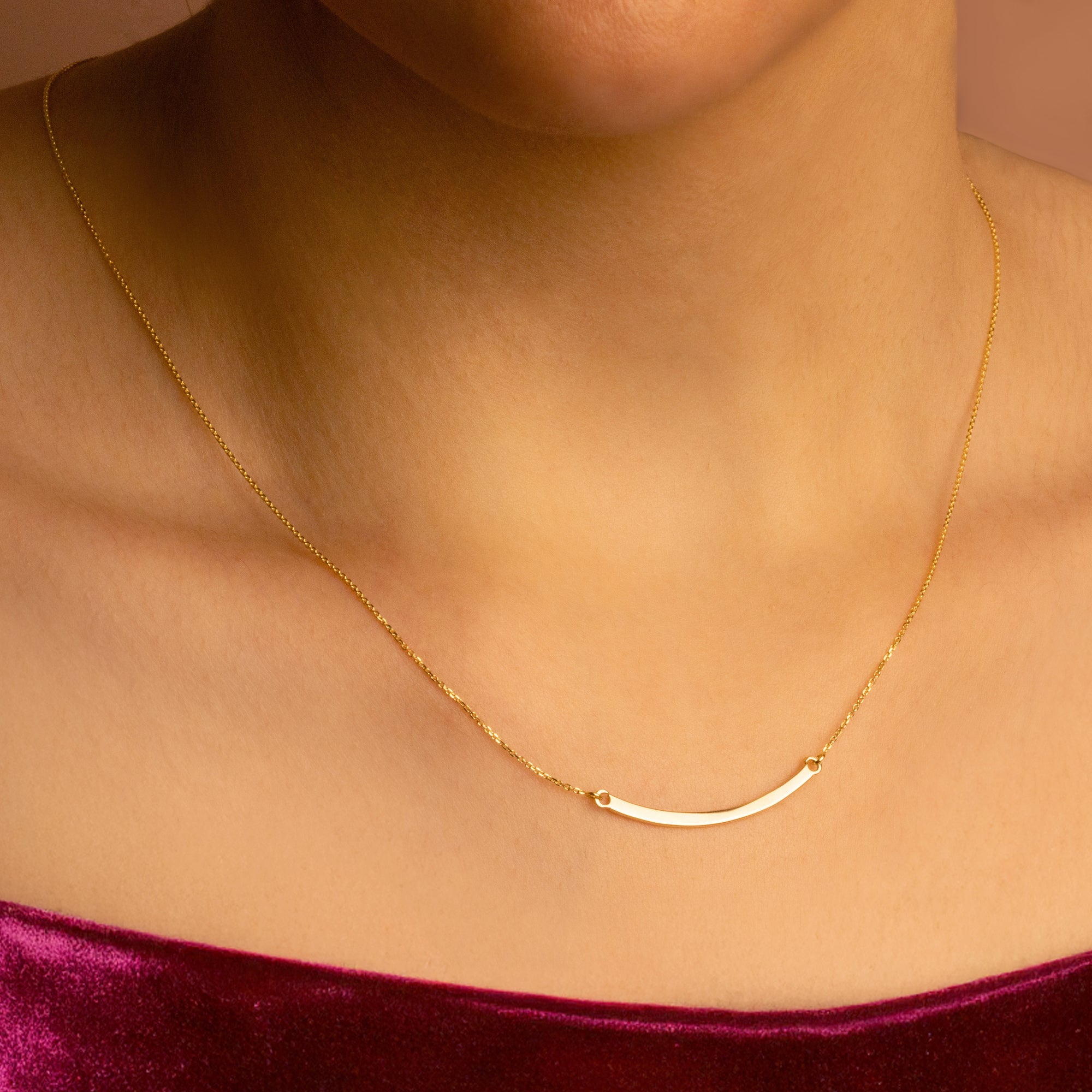 14K Solid Gold Curved Bar Necklace, view 2