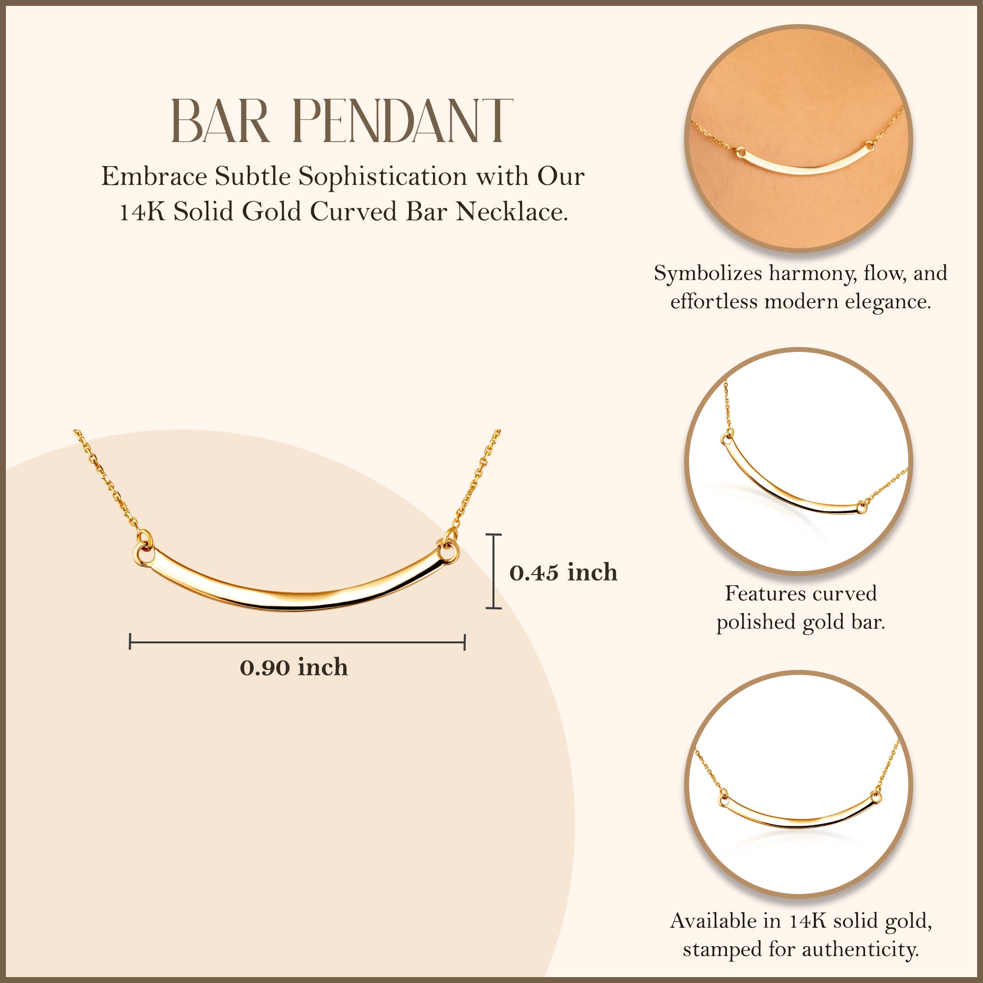 14K Solid Gold Curved Bar Necklace, view 3