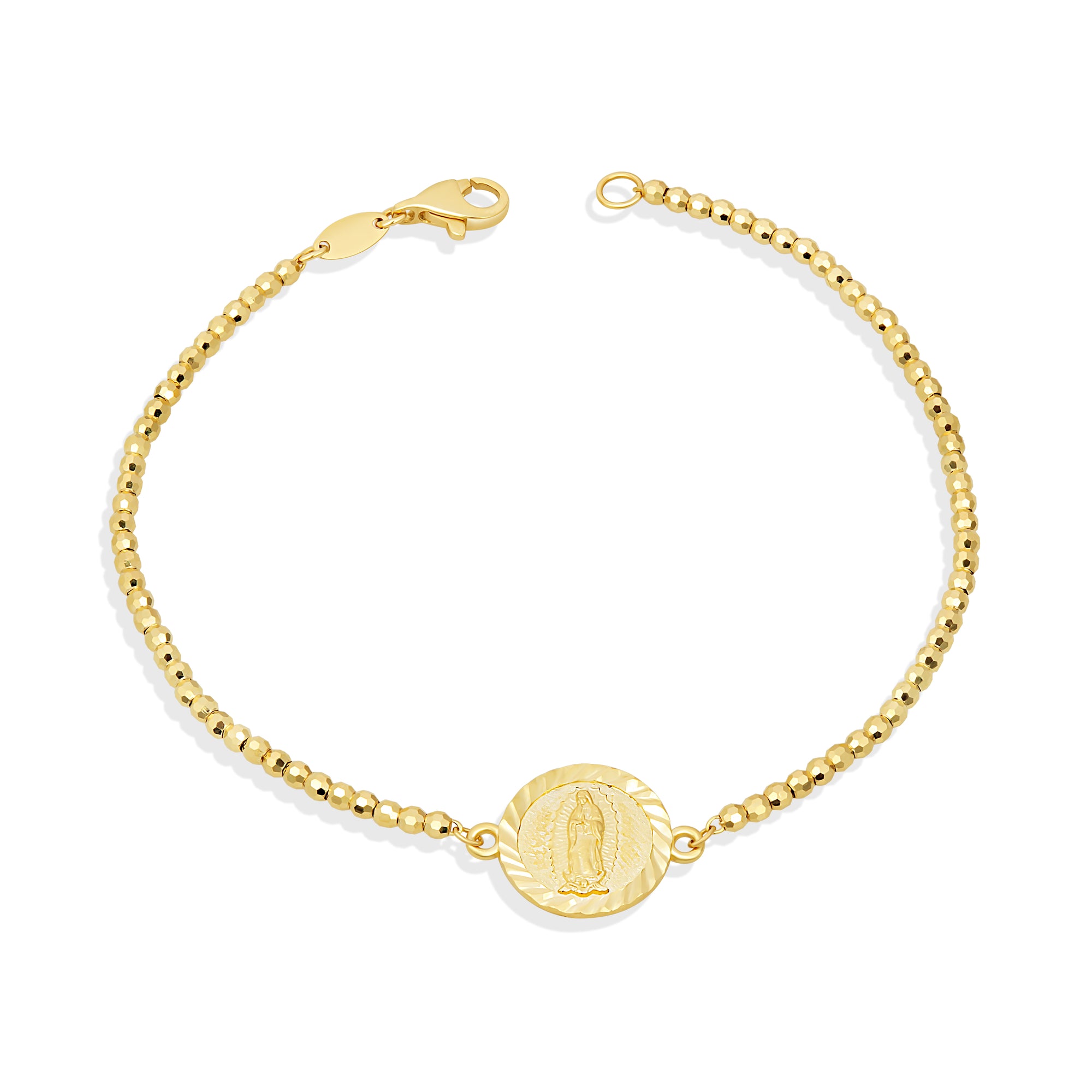 14K Solid Gold Diamond Cut Our Lady of Guadalupe Beaded Bracelet