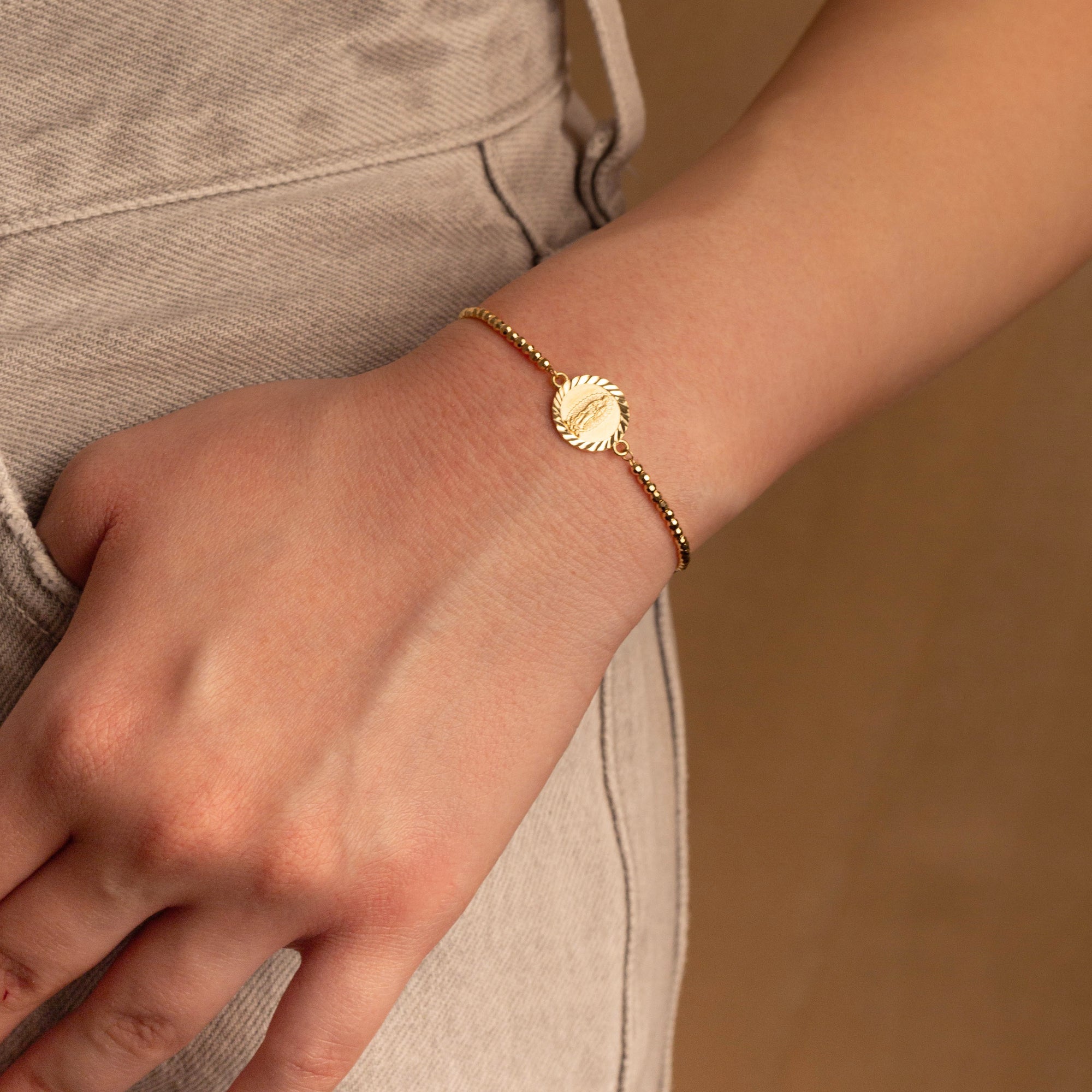 14K Solid Gold Diamond Cut Our Lady of Guadalupe Beaded Bracelet, view 2