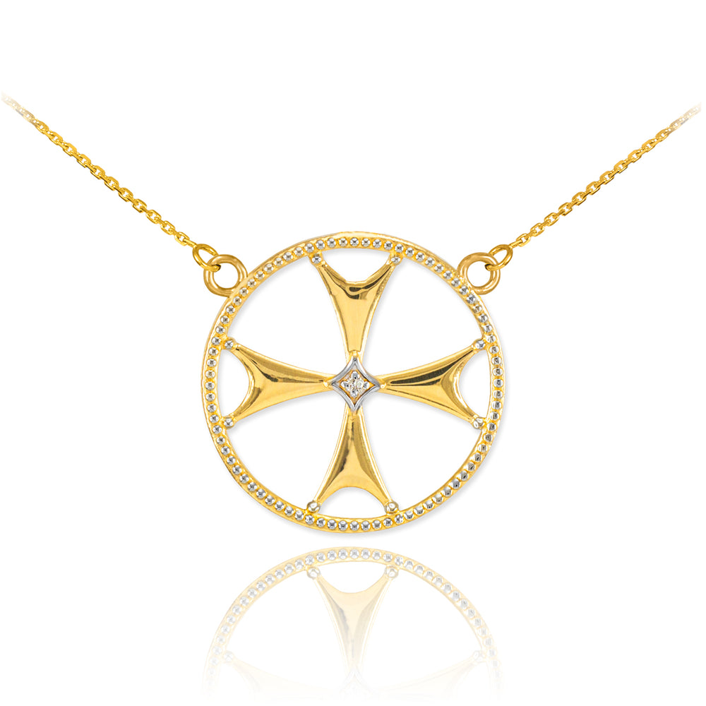 14K Solid Gold Diamond Maltese Cross Pendant Necklace