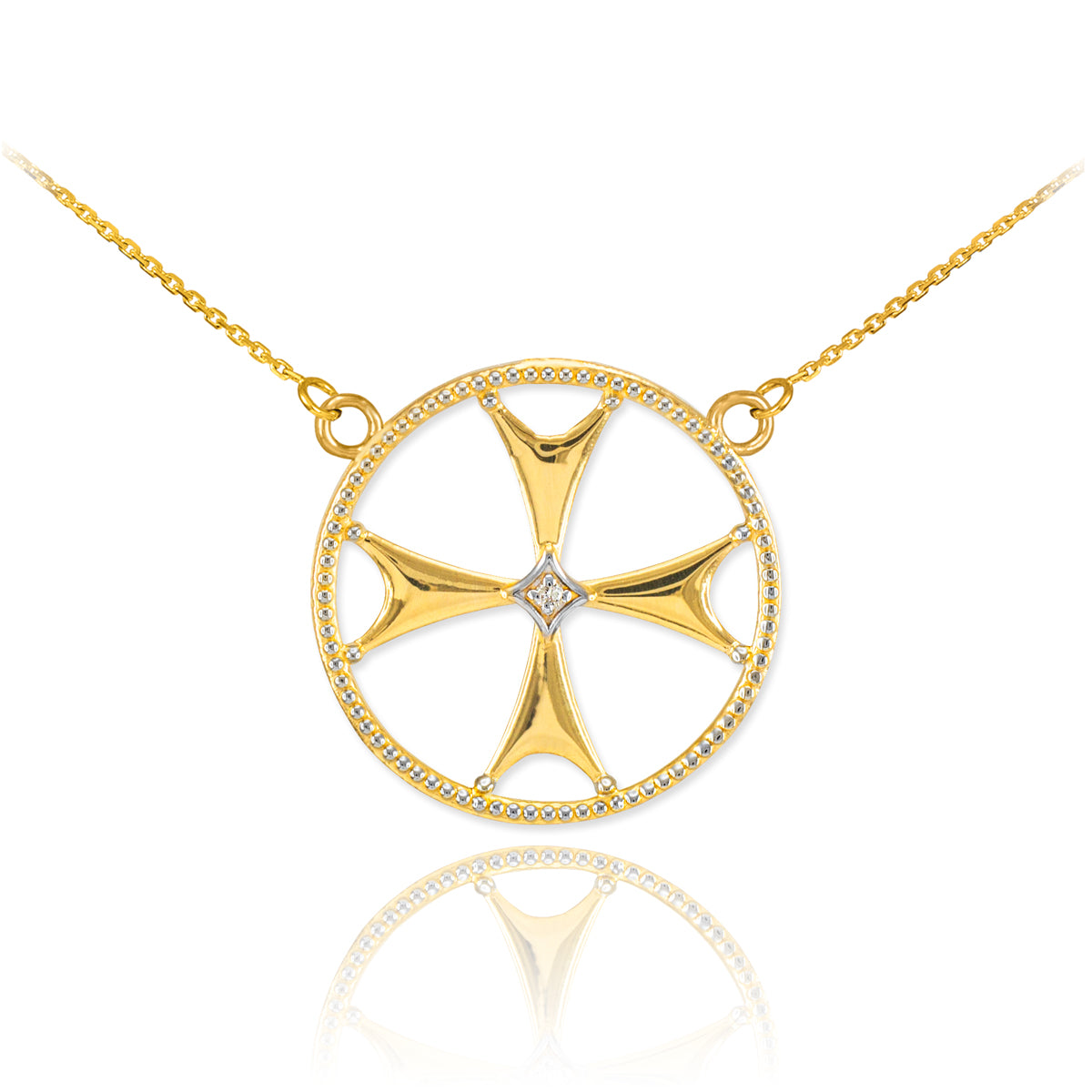 14K Solid Gold Diamond Maltese Cross Pendant Necklace