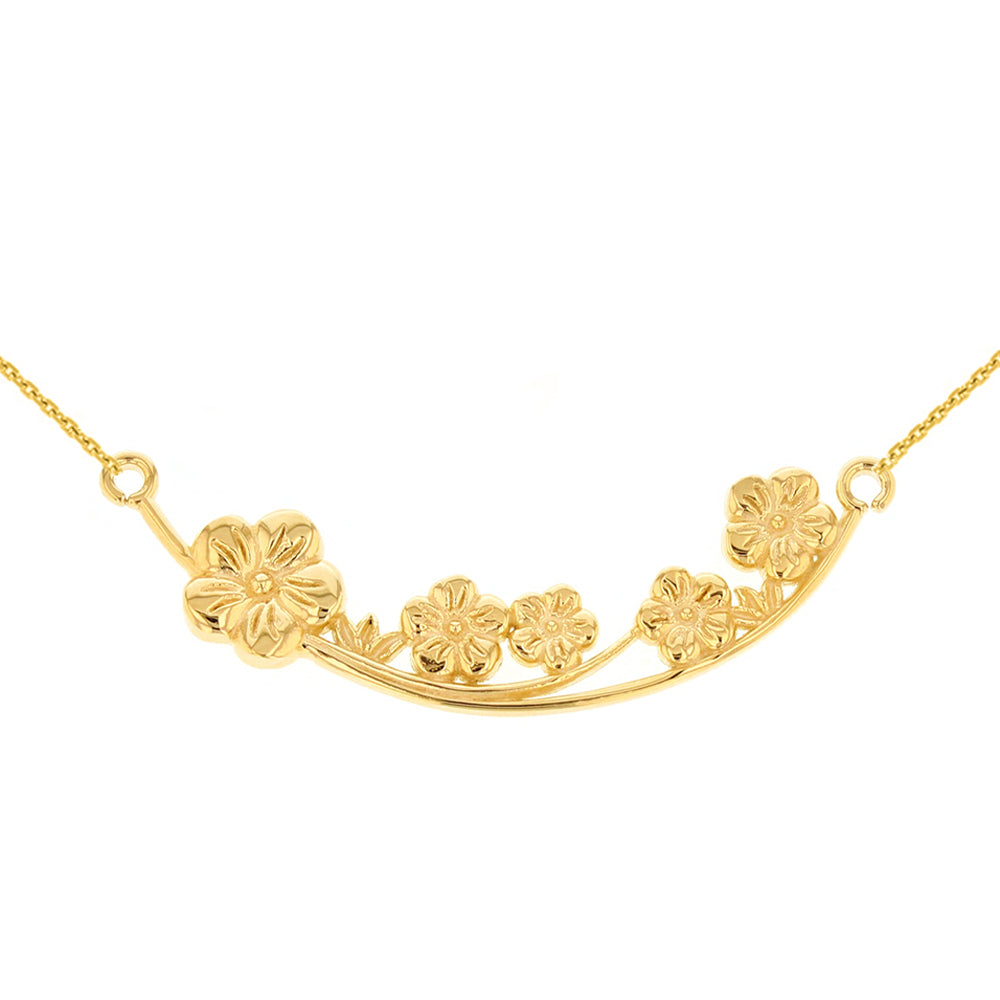 14K Solid Gold Flower Branch Plum Blossoms Sideways Pendant Necklace
