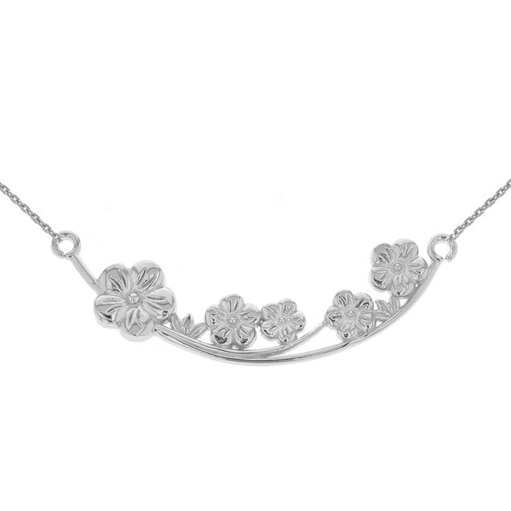 14K Solid Gold Flower Branch Plum Blossoms Sideways Pendant Necklace, view 5