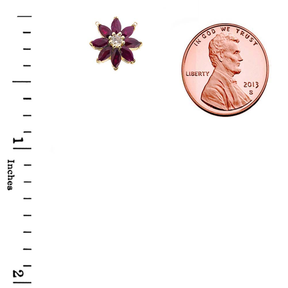 14K Solid Gold Genuine Ruby and Diamond Daisy Necklace, view 3