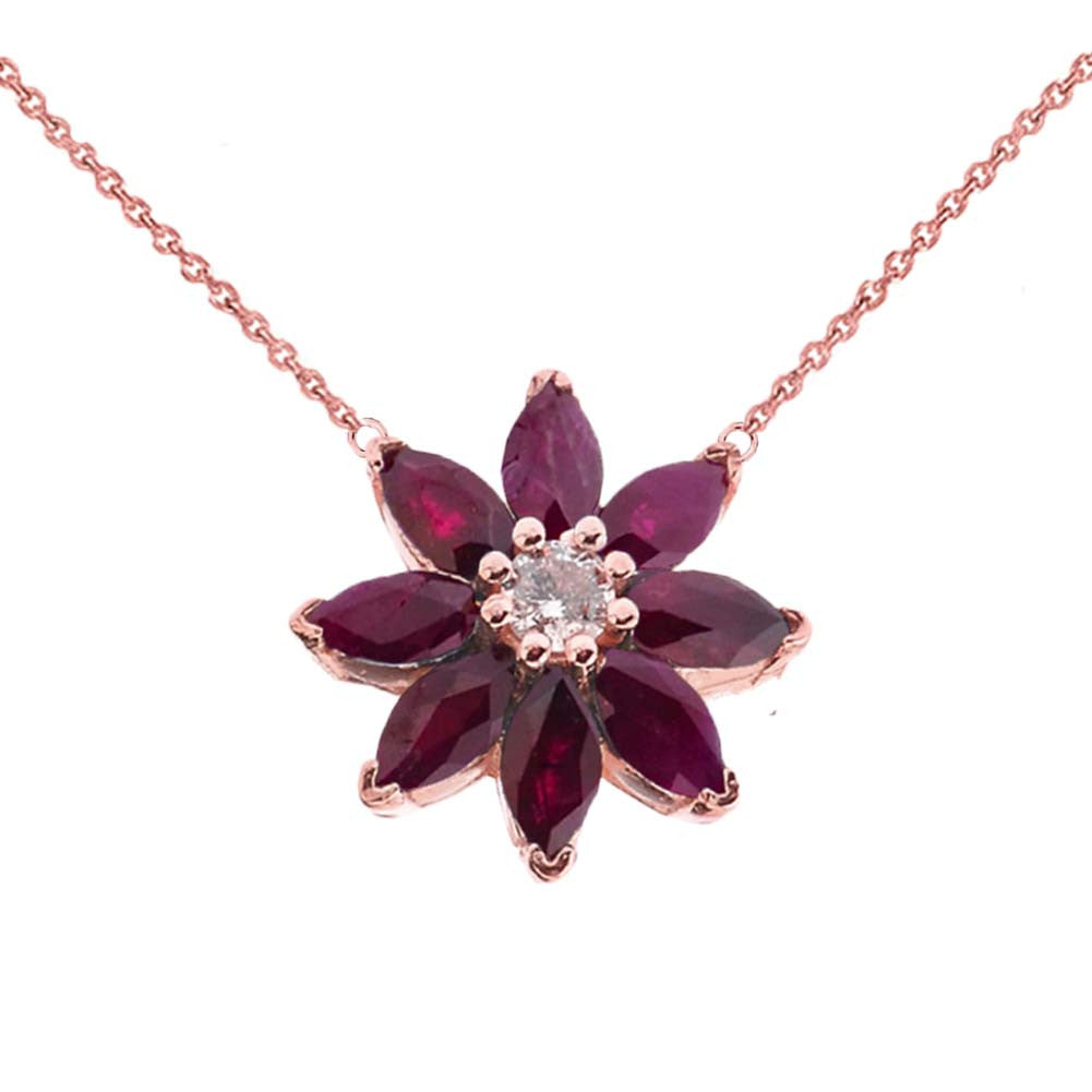 14K Solid Gold Genuine Ruby and Diamond Daisy Necklace, view 4
