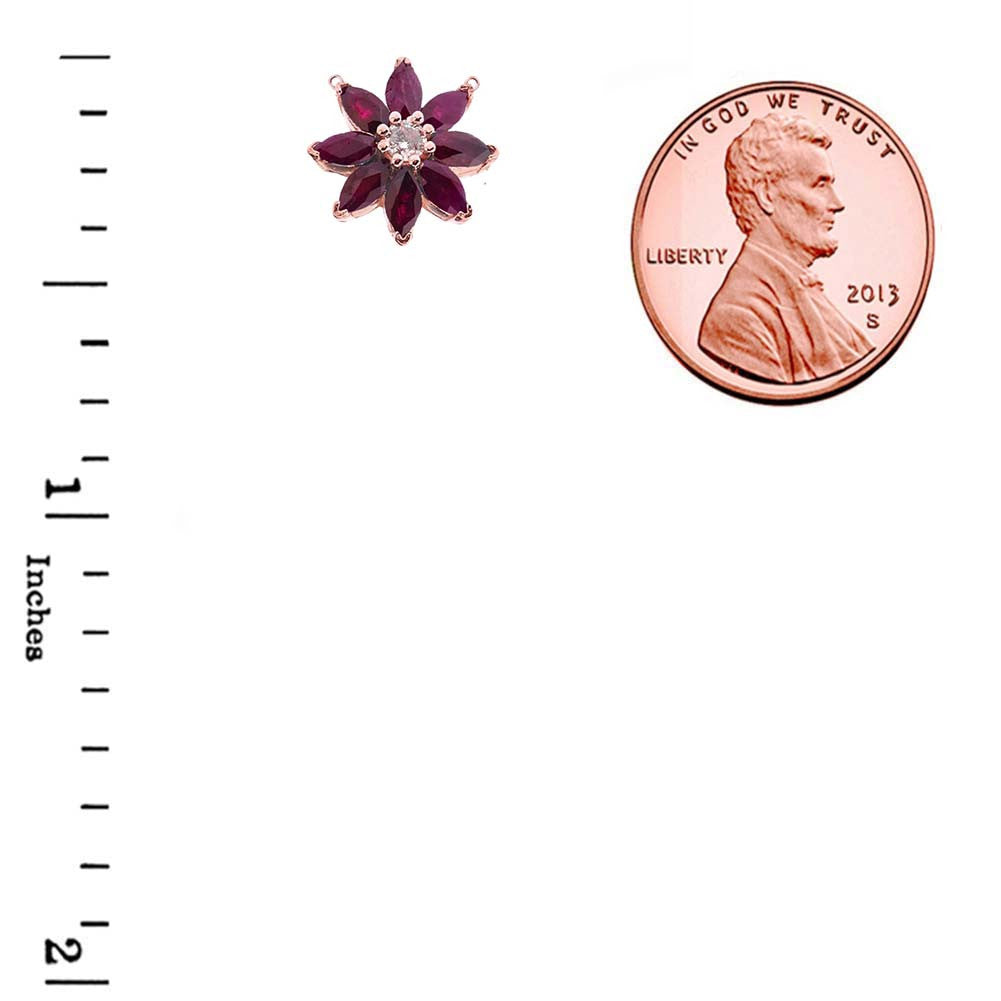 14K Solid Gold Genuine Ruby and Diamond Daisy Necklace, view 6