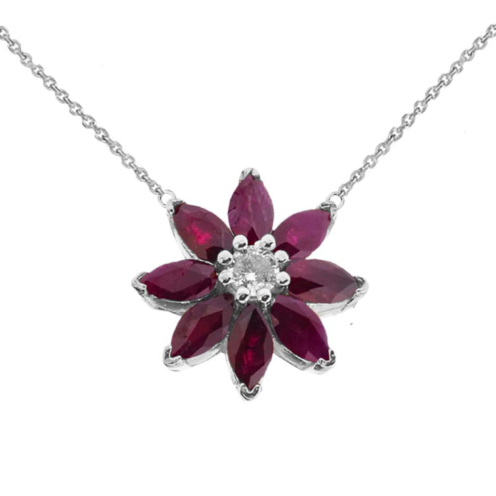 14K Solid Gold Genuine Ruby and Diamond Daisy Necklace, view 7