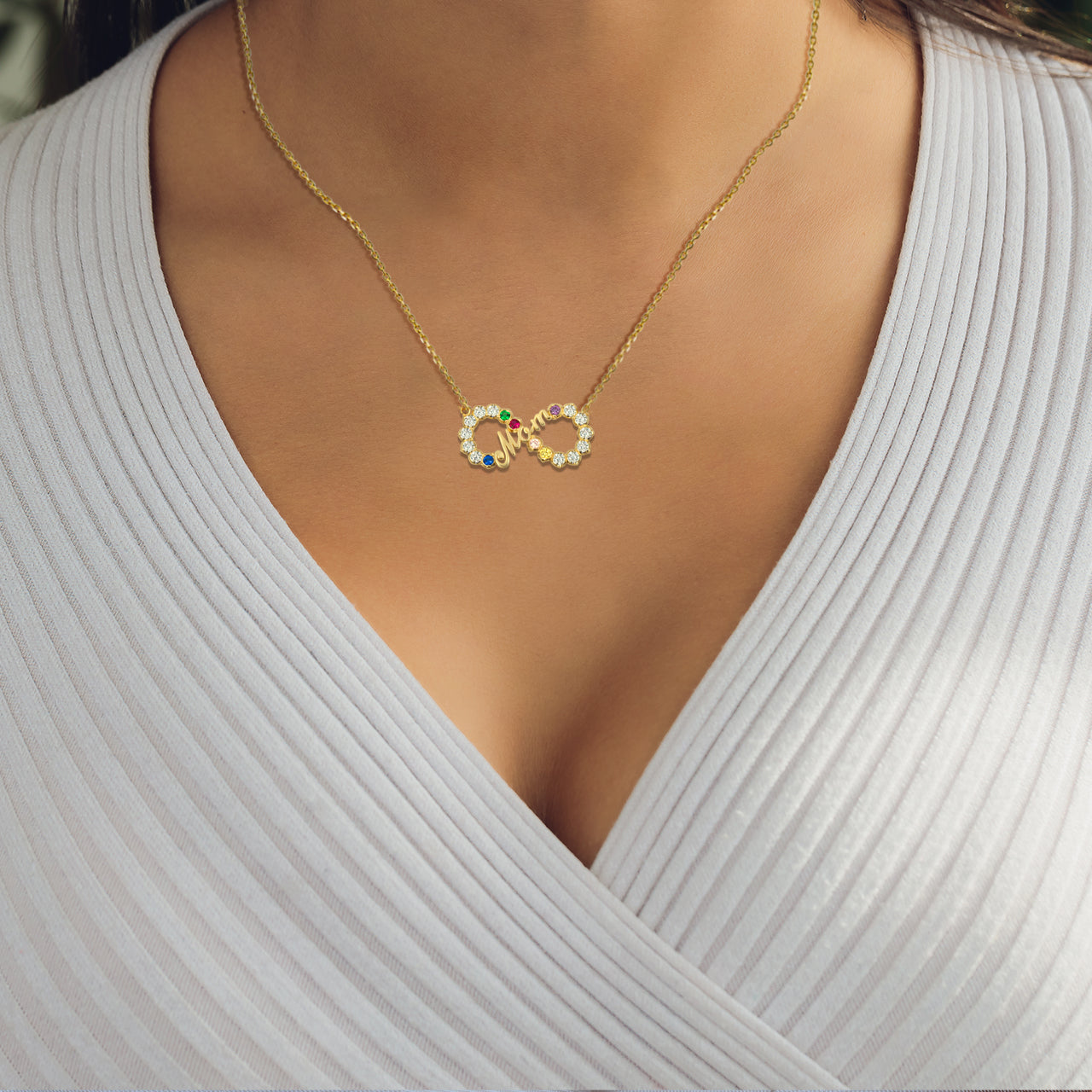 14K Solid Gold Infinity Birthstone Mom Pendant Necklace, view 2