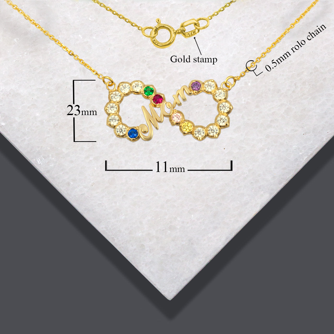 14K Solid Gold Infinity Birthstone Mom Pendant Necklace, view 3
