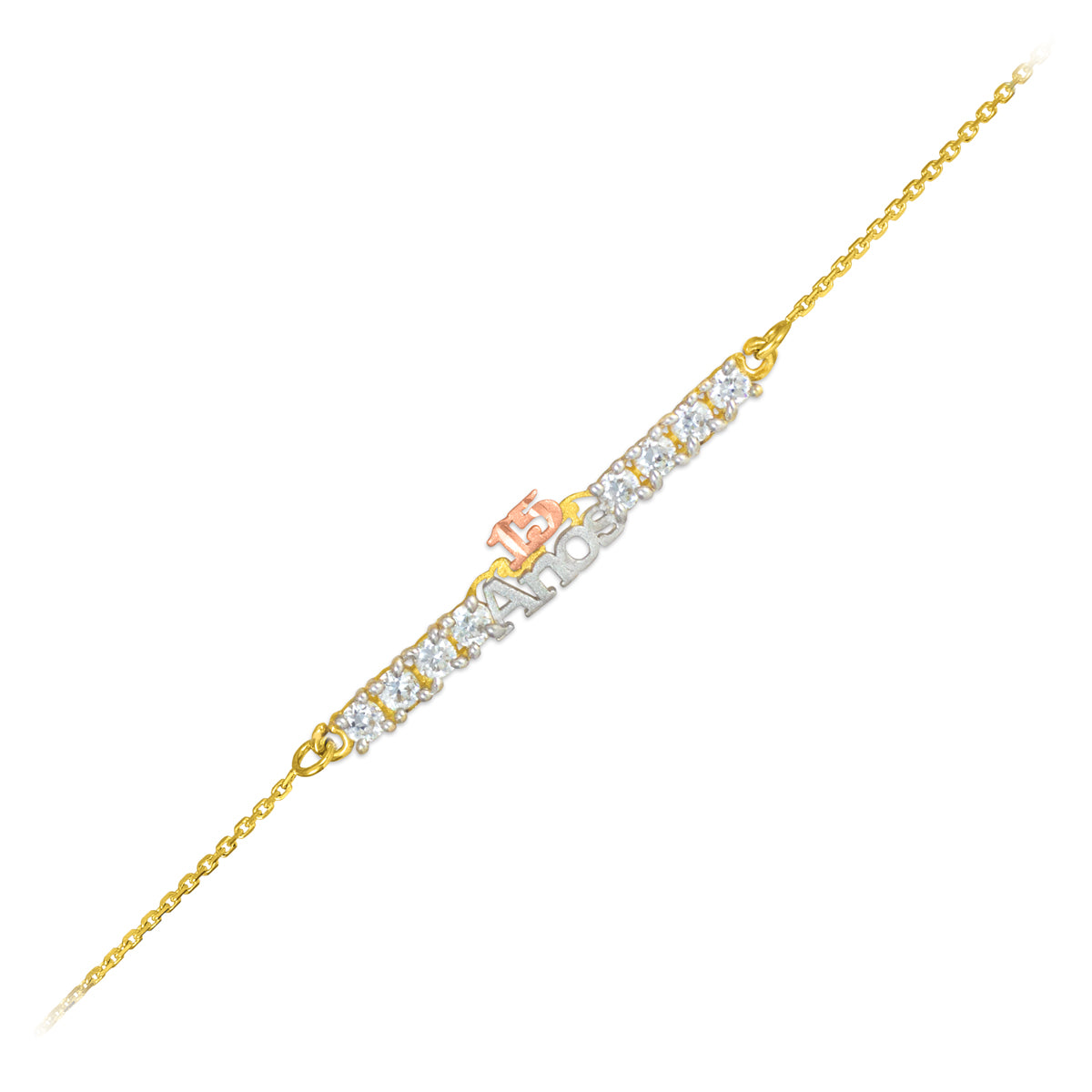 14K Tri-Color Gold Cubic Zirconia 15 Años Quinceañera Bracelet