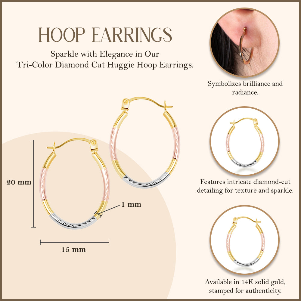 14K Tri-Color Gold Diamond Cut Huggie Hoop Earrings, view 3
