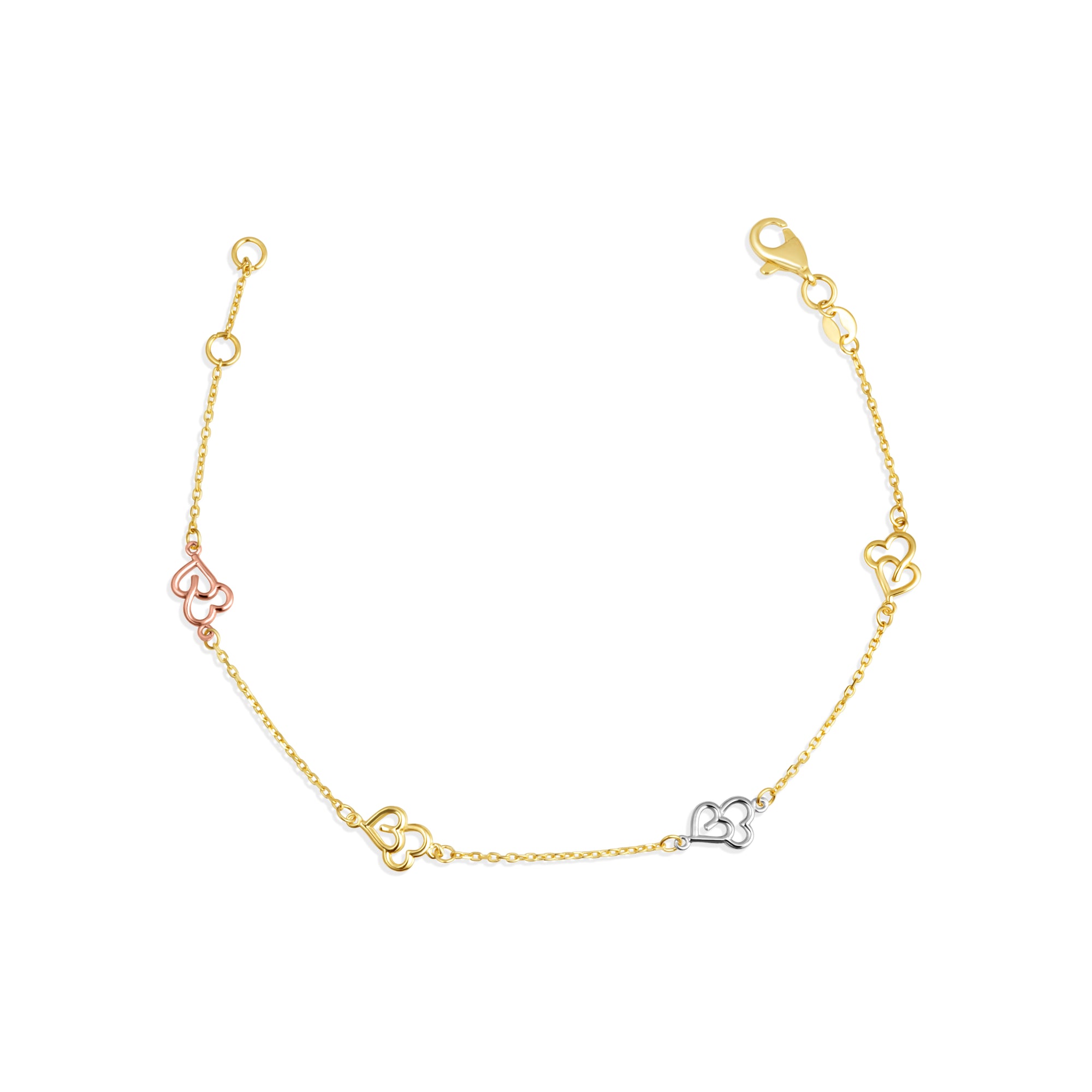 14K Tri-Color Gold Double Heart Love Bracelet 7"