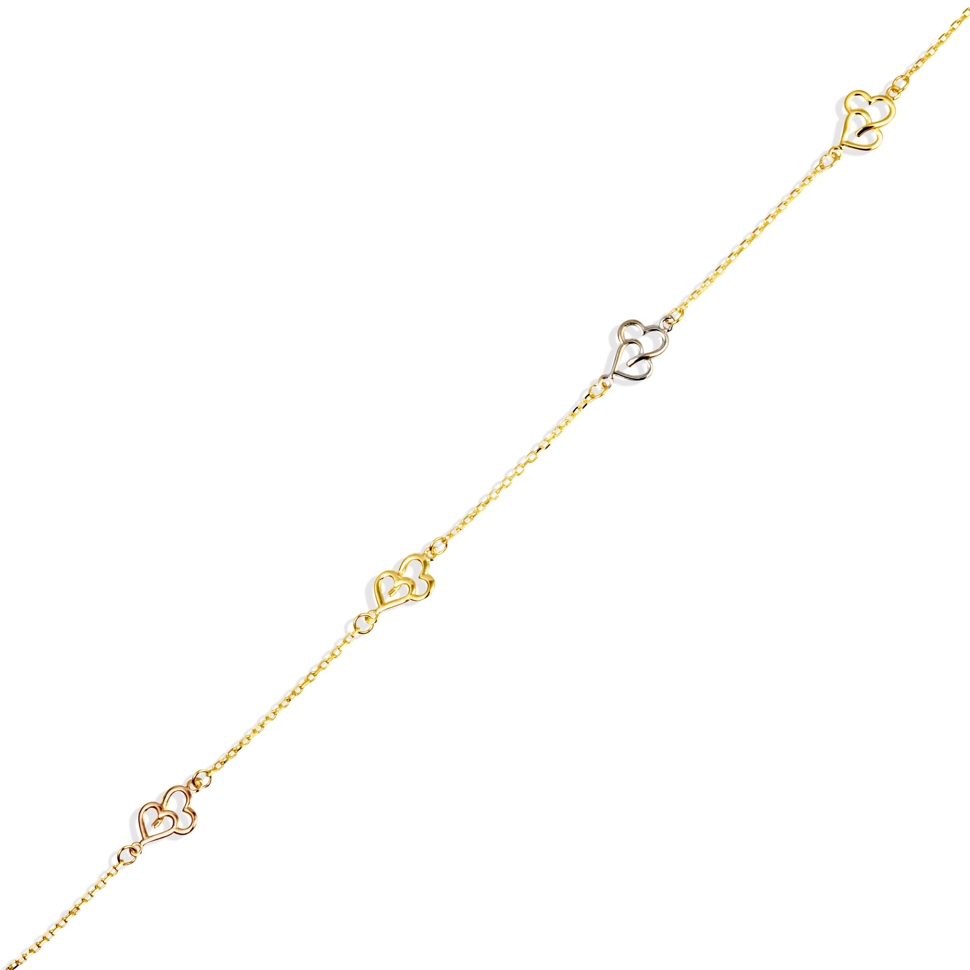 14K Tri-Color Gold Double Heart Love Bracelet 7", view 4