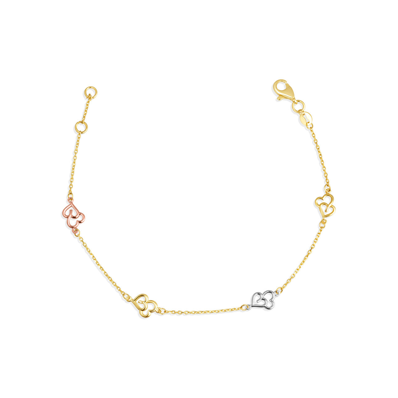 14K Tri-Color Gold Double Heart Love Bracelet 7", view 5
