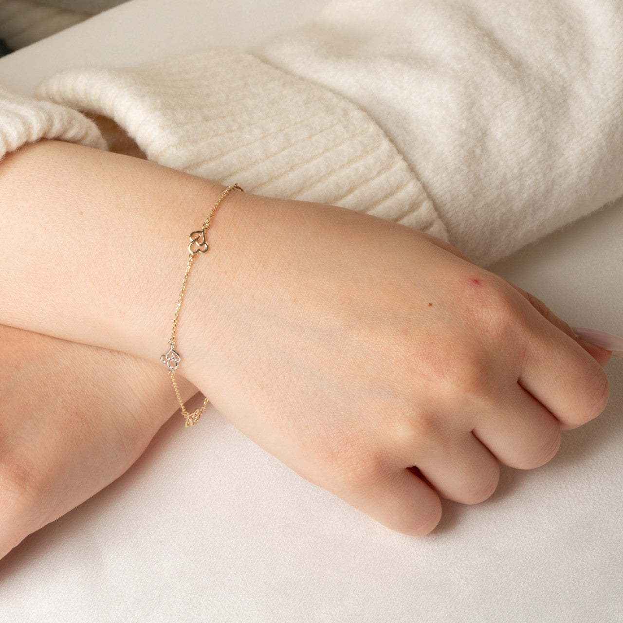 14K Tri-Color Gold Double Heart Love Bracelet 7", view 7