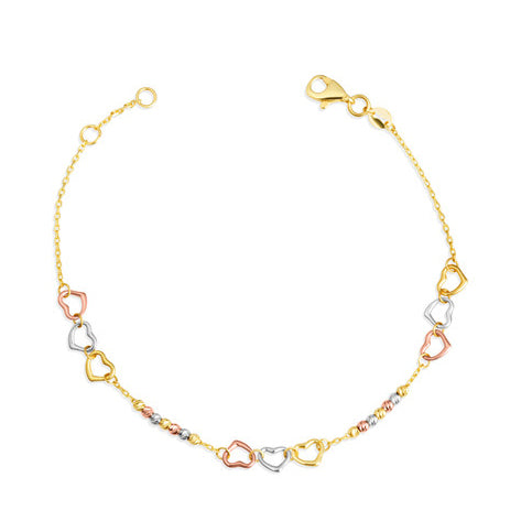 14K Tri-Color Gold Heart Bead Anklet