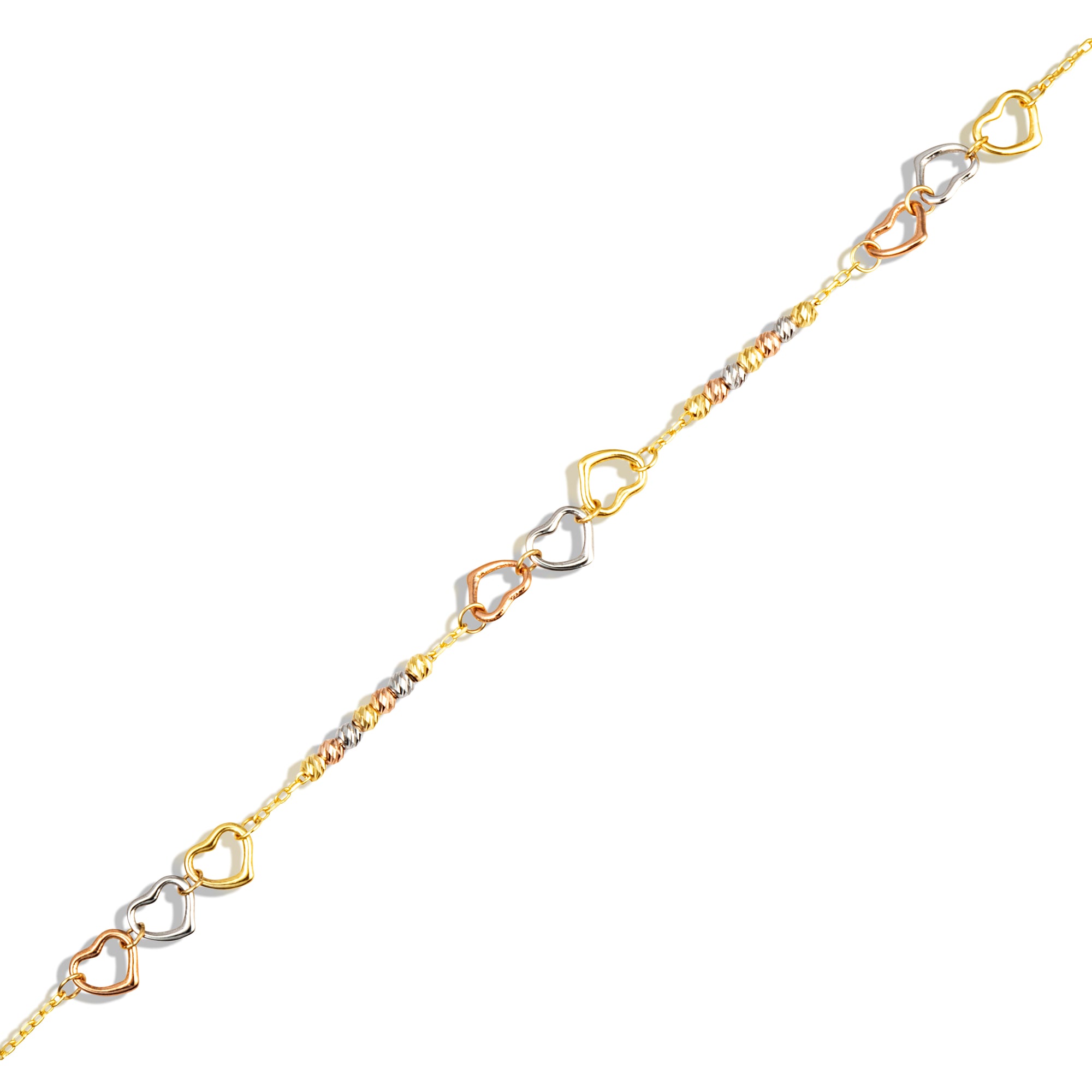 14K Tri-Color Gold Heart Bead Anklet, view 3