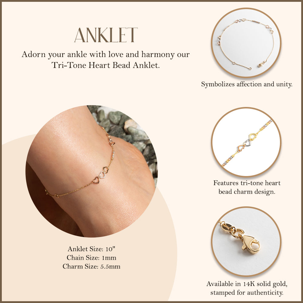 14K Tri-Color Gold Heart Bead Anklet, view 4