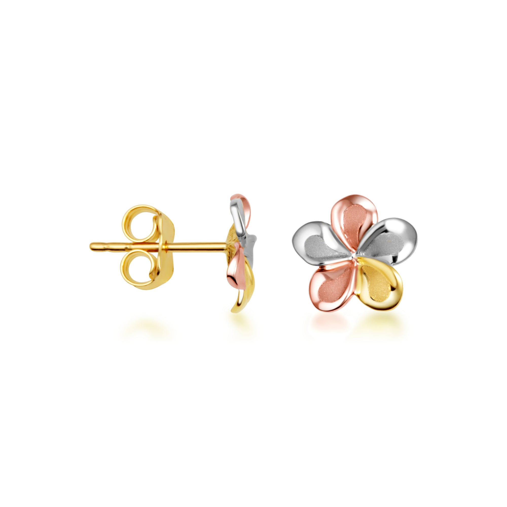 14K Tri-Color Gold High Polish Hawaiian Plumeria Flower Satin Finish Stud Earrings