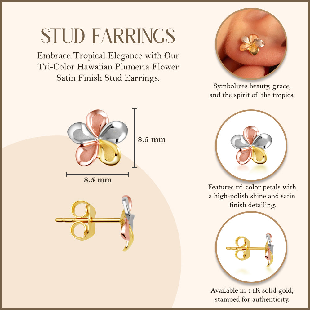 14K Tri-Color Gold High Polish Hawaiian Plumeria Flower Satin Finish Stud Earrings, view 3