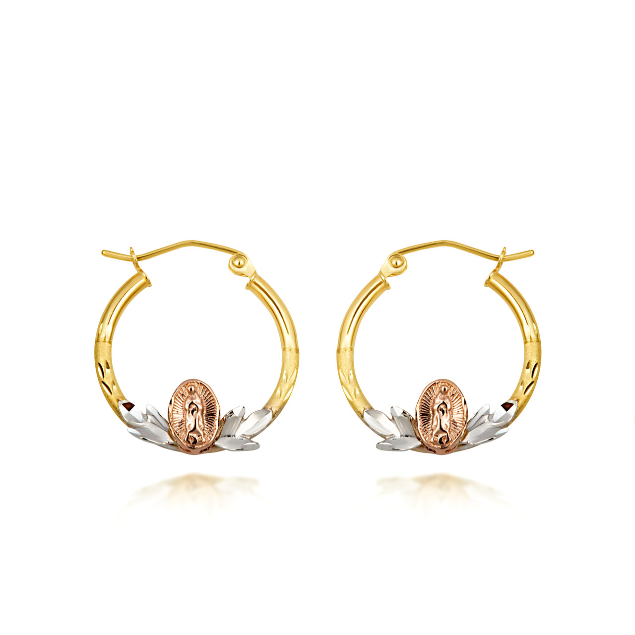 14K Tri-Color Gold Our Lady Of Guadalupe Diamond Cut Hoop Earrings