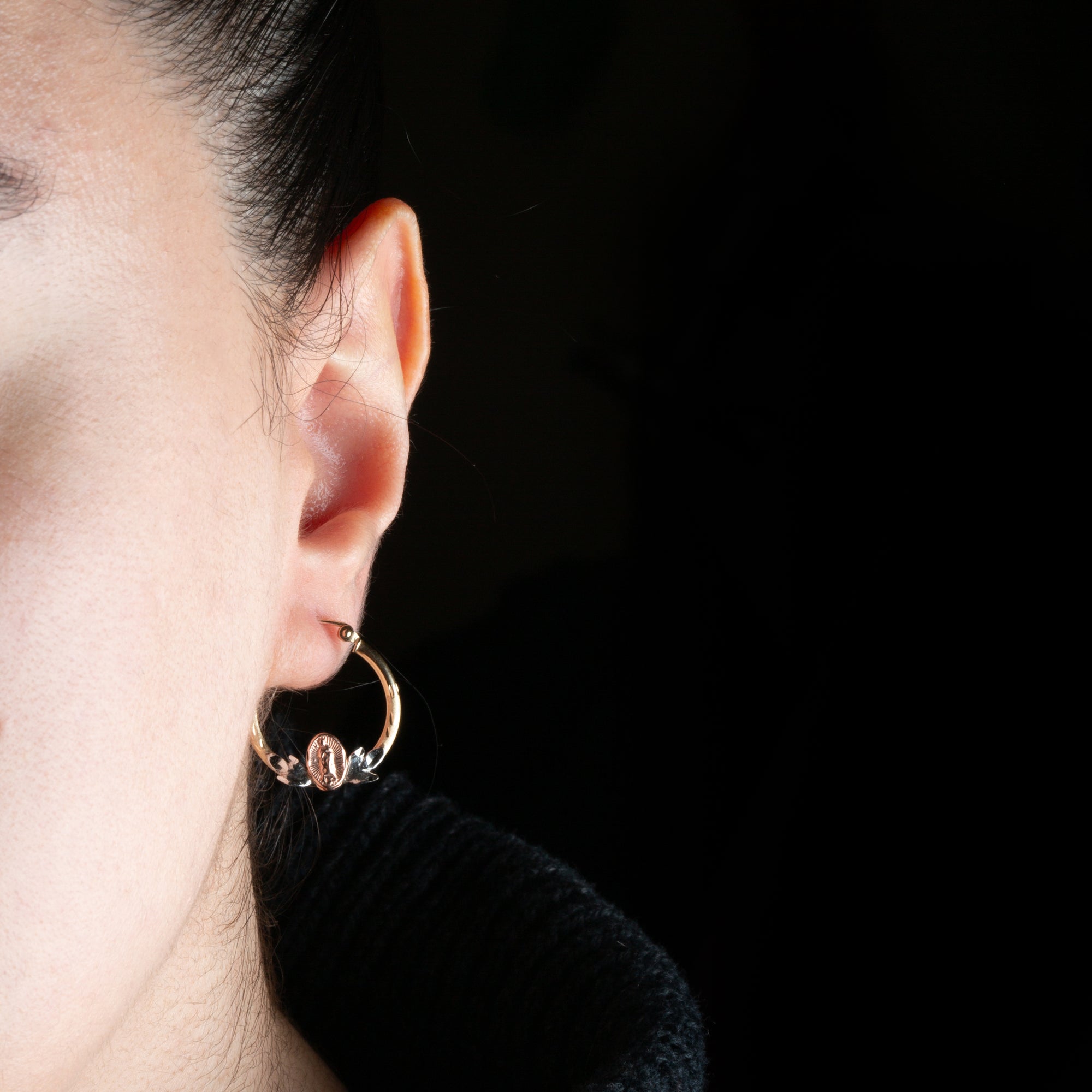 14K Tri-Color Gold Our Lady Of Guadalupe Diamond Cut Hoop Earrings, view 2