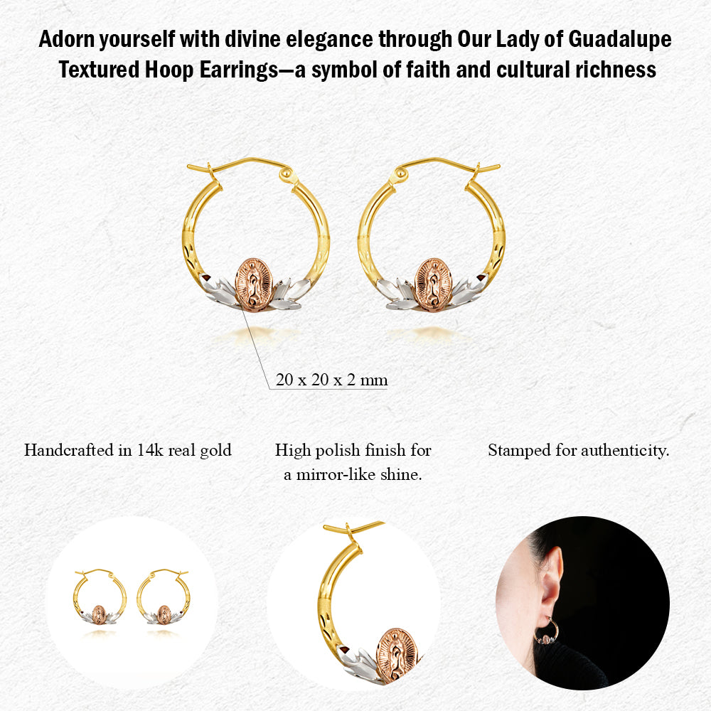 14K Tri-Color Gold Our Lady Of Guadalupe Diamond Cut Hoop Earrings, view 3