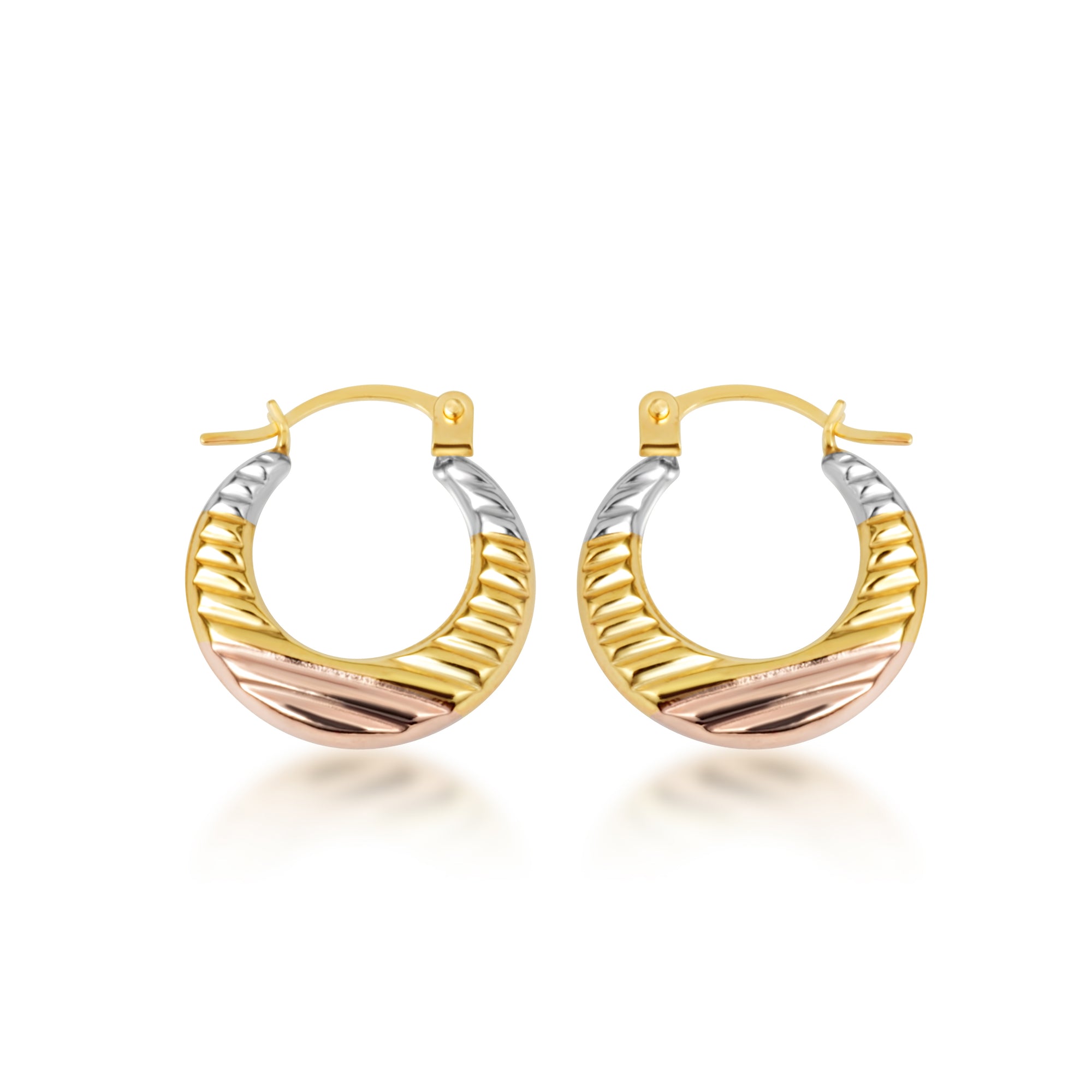 14K Tri-Color Gold Ribbed Diamond Cut Huggie Hoop Earrings