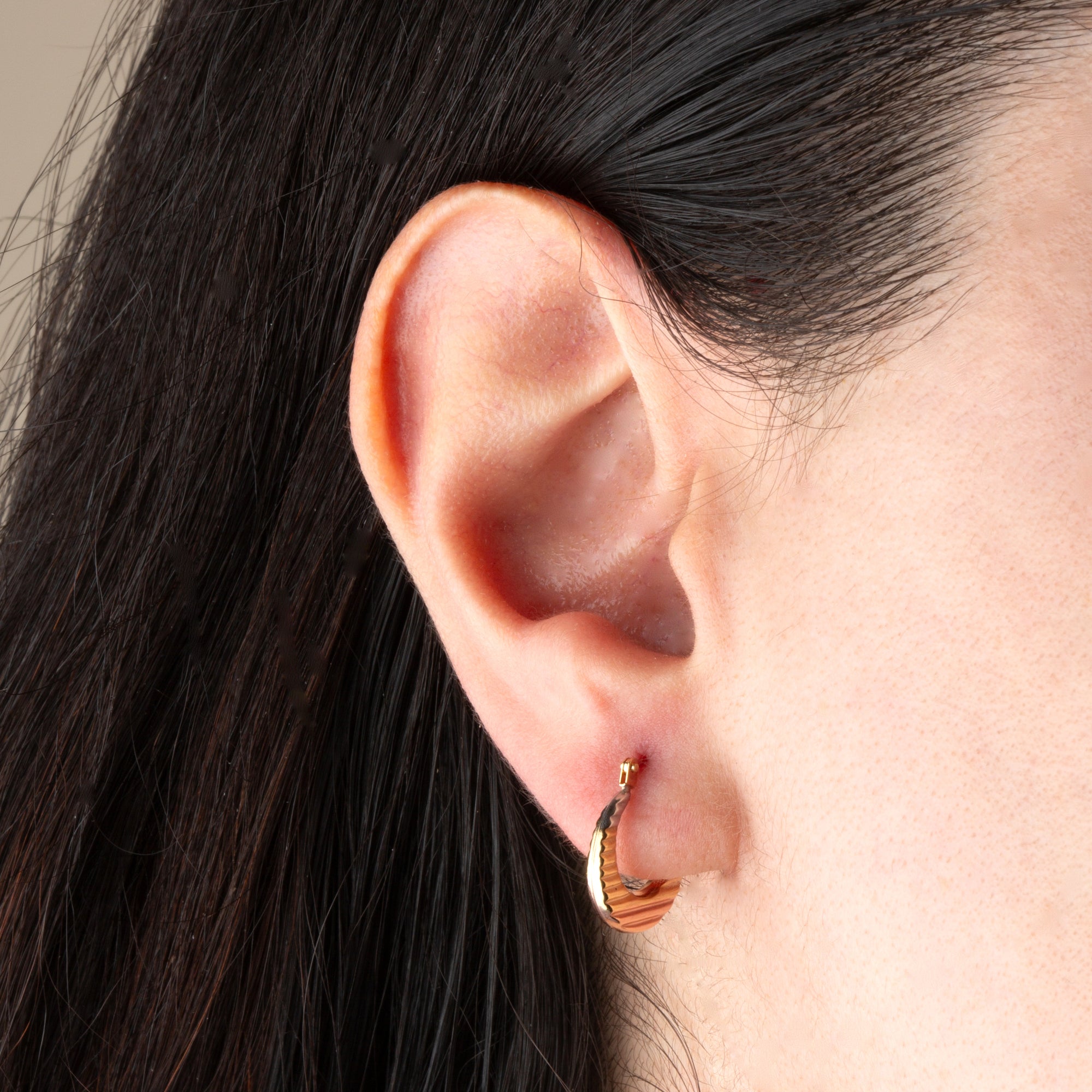 14K Tri-Color Gold Ribbed Diamond Cut Huggie Hoop Earrings, view 2