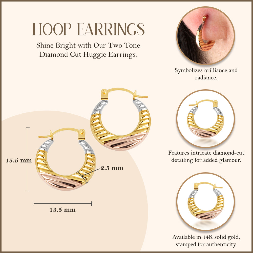 14K Tri-Color Gold Ribbed Diamond Cut Huggie Hoop Earrings, view 3
