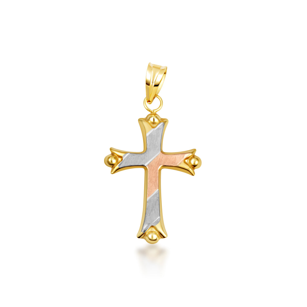 14K Tri-Color Gold Striped Cross Pendant Necklace