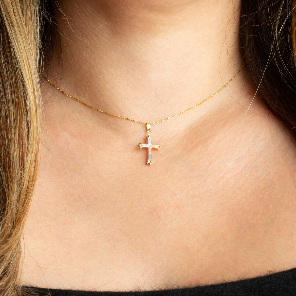 14K Tri-Color Gold Striped Cross Pendant Necklace, view 2