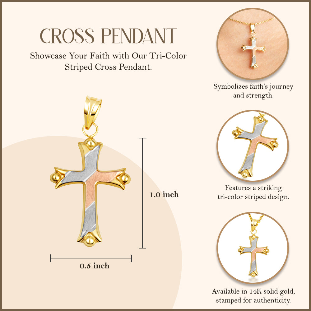 14K Tri-Color Gold Striped Cross Pendant Necklace, view 3