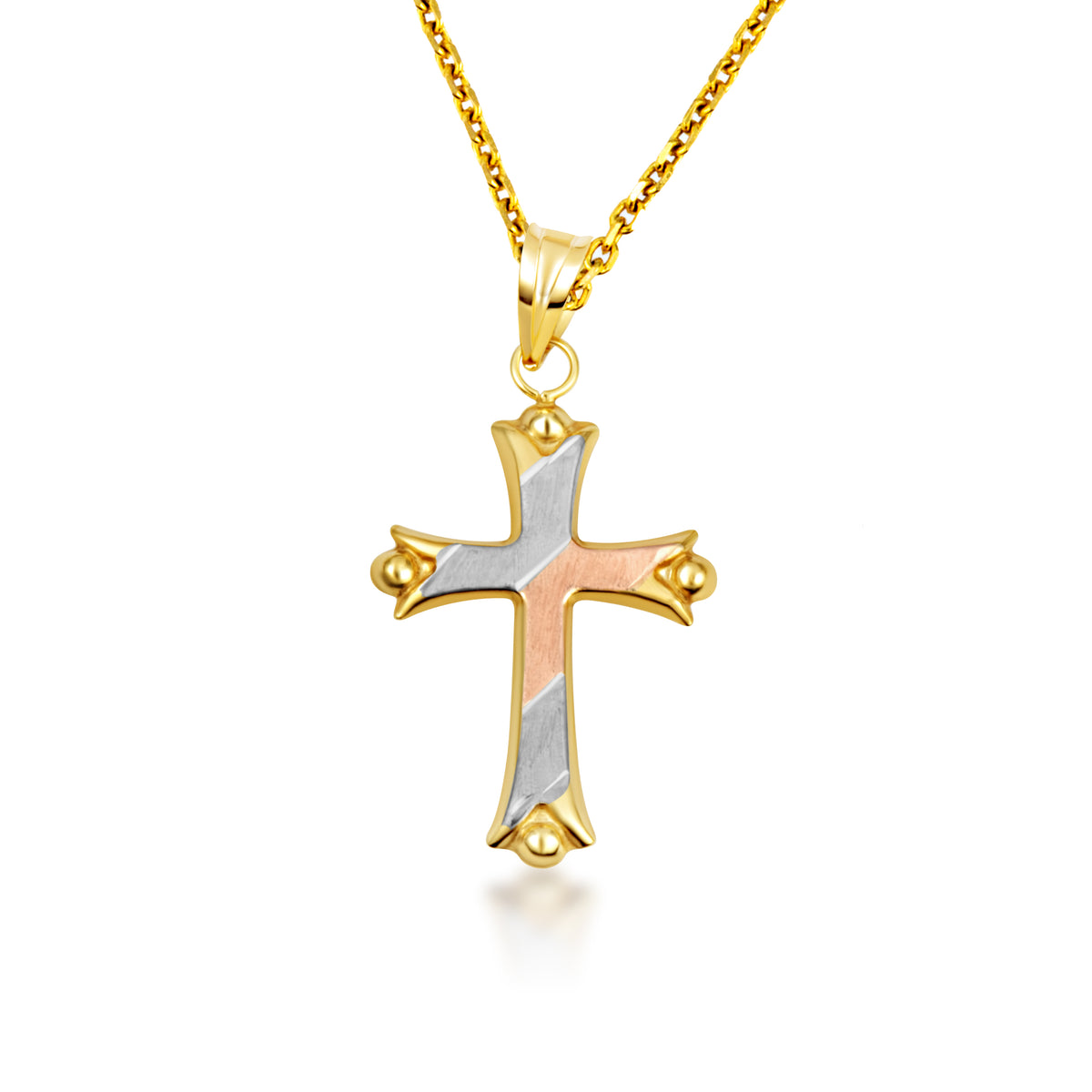 14K Tri-Color Gold Striped Cross Pendant Necklace, view 4