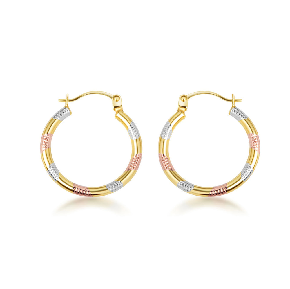 14K Tri-Color Gold Textured Diamond Cut Huggie Hoop Earrings