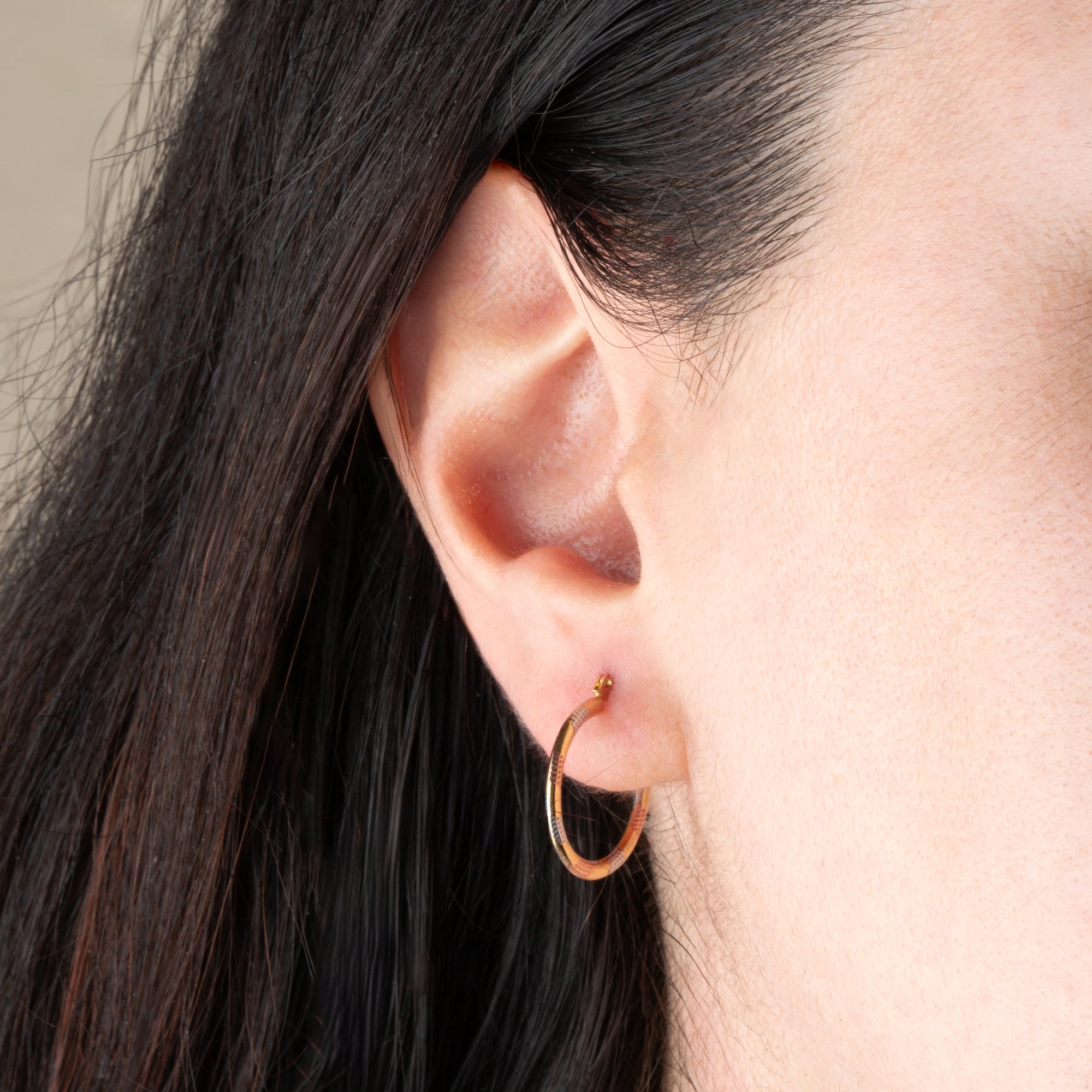 14K Tri-Color Gold Textured Diamond Cut Huggie Hoop Earrings, view 2
