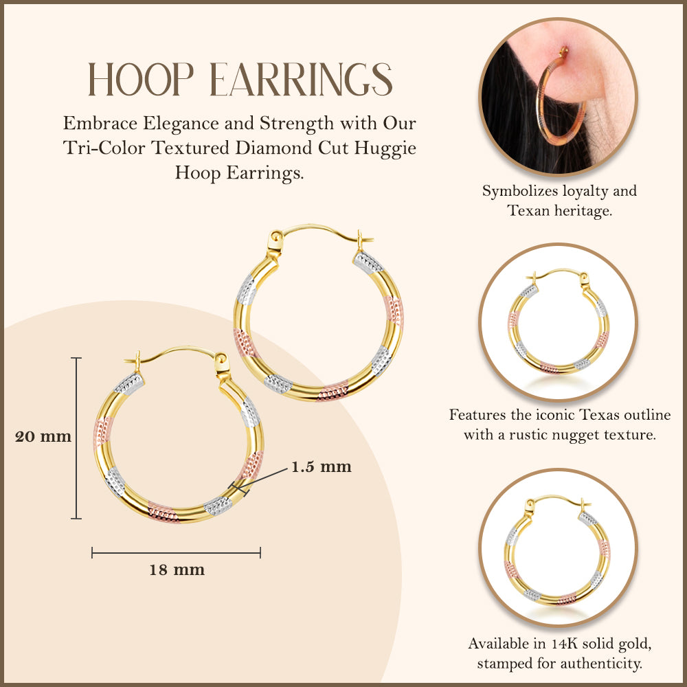 14K Tri-Color Gold Textured Diamond Cut Huggie Hoop Earrings, view 3