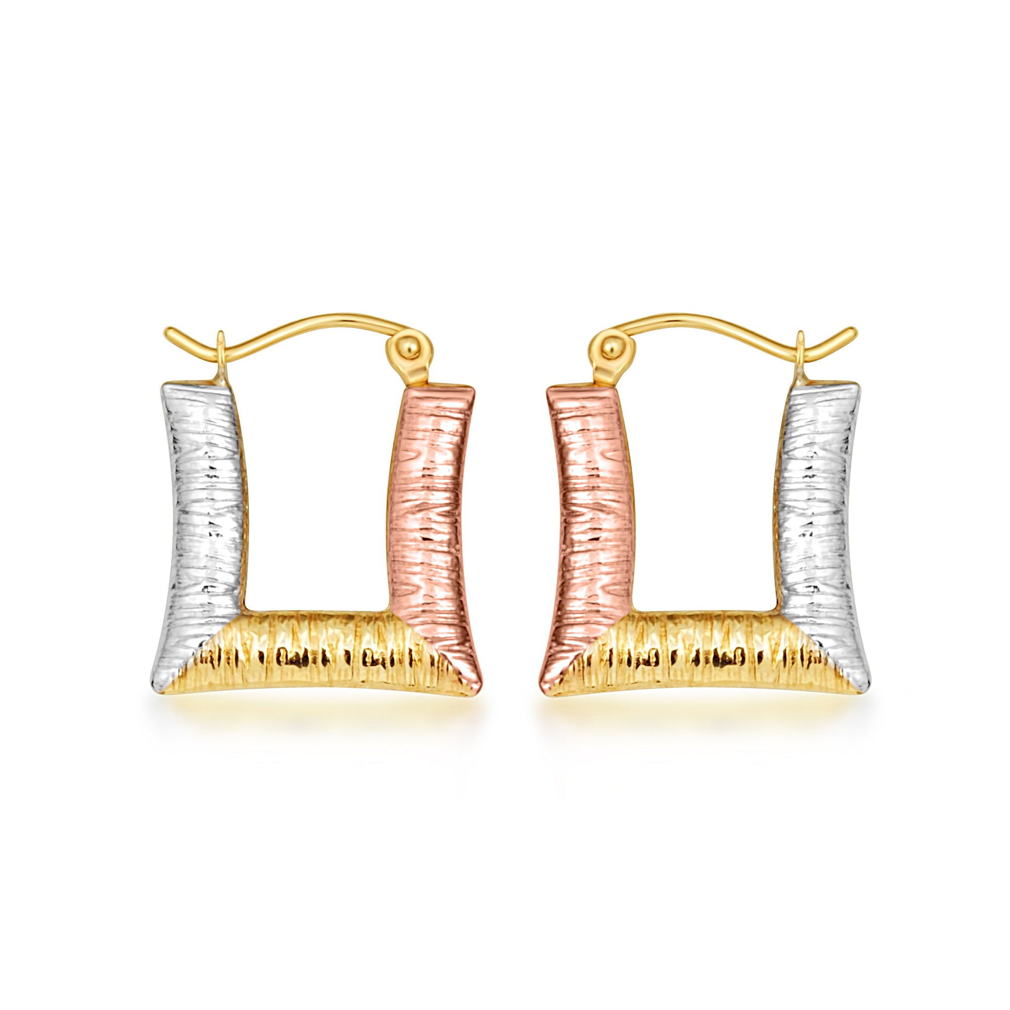 14K Tri-Color Gold Textured Square Hoop Earrings