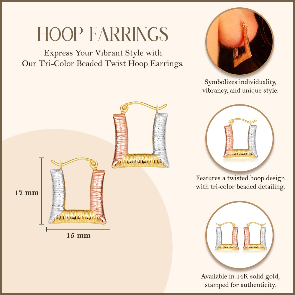14K Tri-Color Gold Textured Square Hoop Earrings, view 3