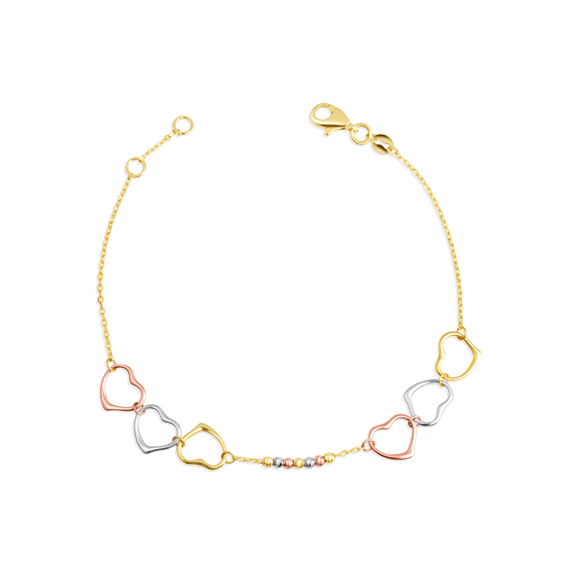 14K Tri-Color Gold Triple Heart Beaded Love Bracelet 12.5 mm