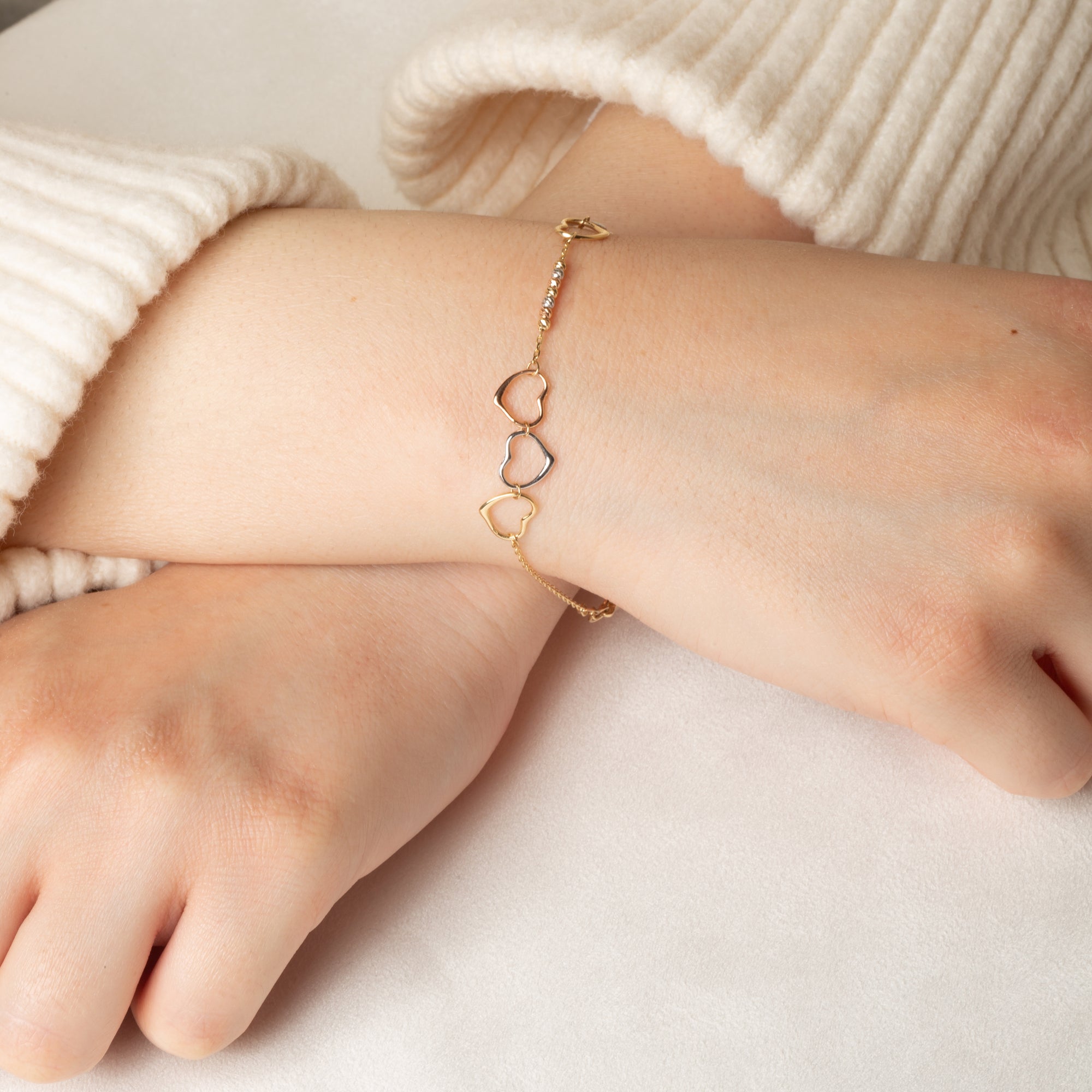 14K Tri-Color Gold Triple Heart Beaded Love Bracelet 12.5 mm, view 2