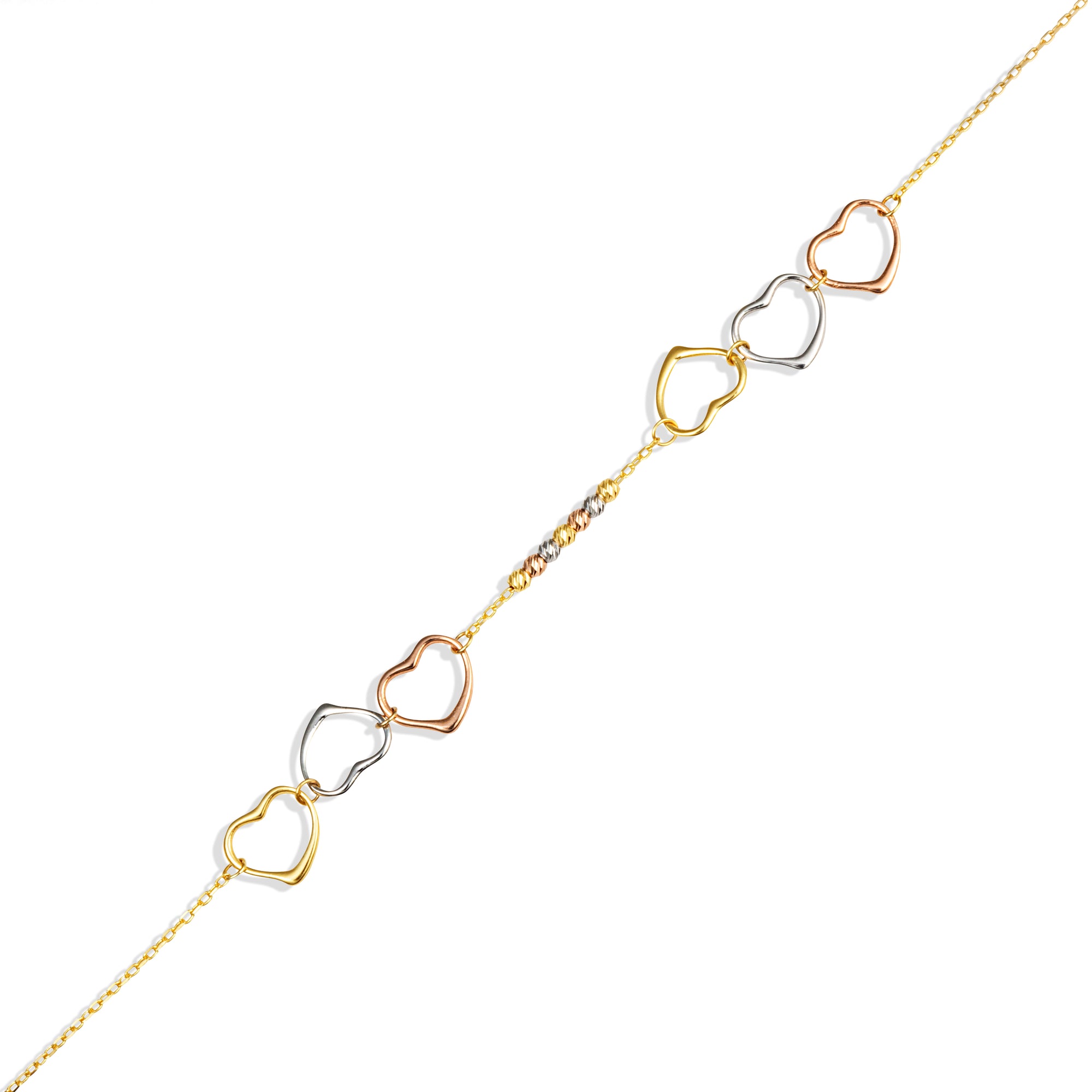 14K Tri-Color Gold Triple Heart Beaded Love Bracelet 12.5 mm, view 4