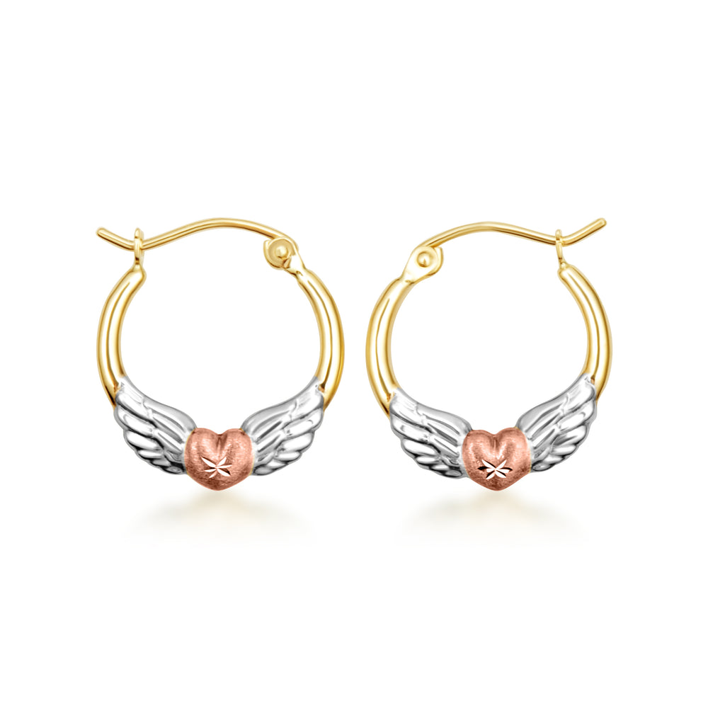 14K Tri-Color Gold Winged Heart Hoop Earrings