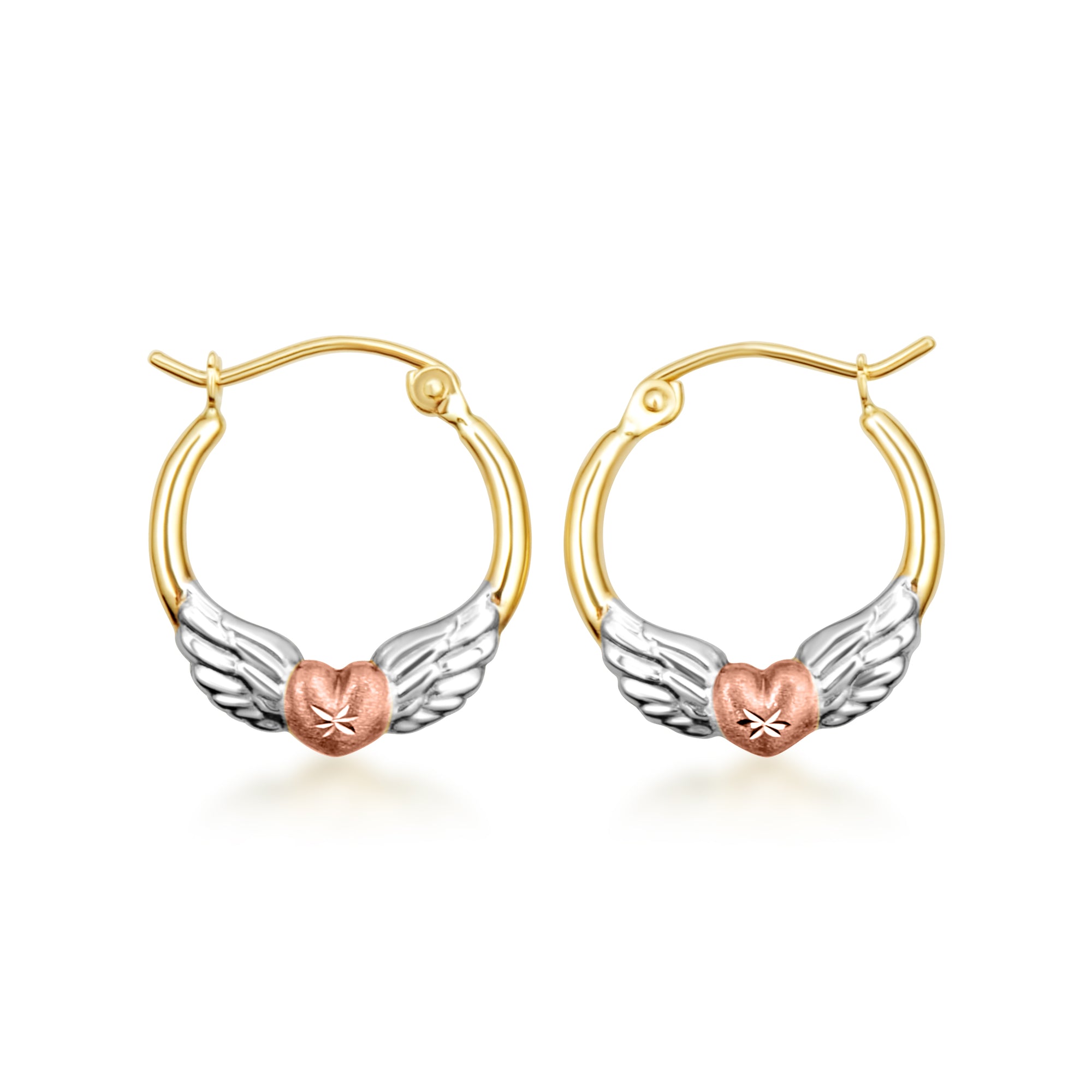 14K Tri-Color Gold Winged Heart Hoop Earrings
