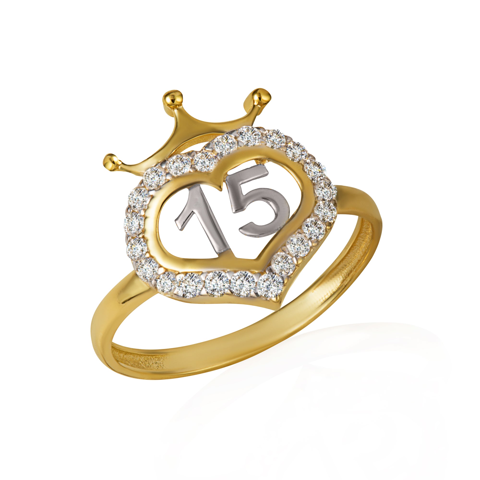 14K Two-Tone Gold Cubic Zirconia 15 Años Heart Crown Quinceañera Ring