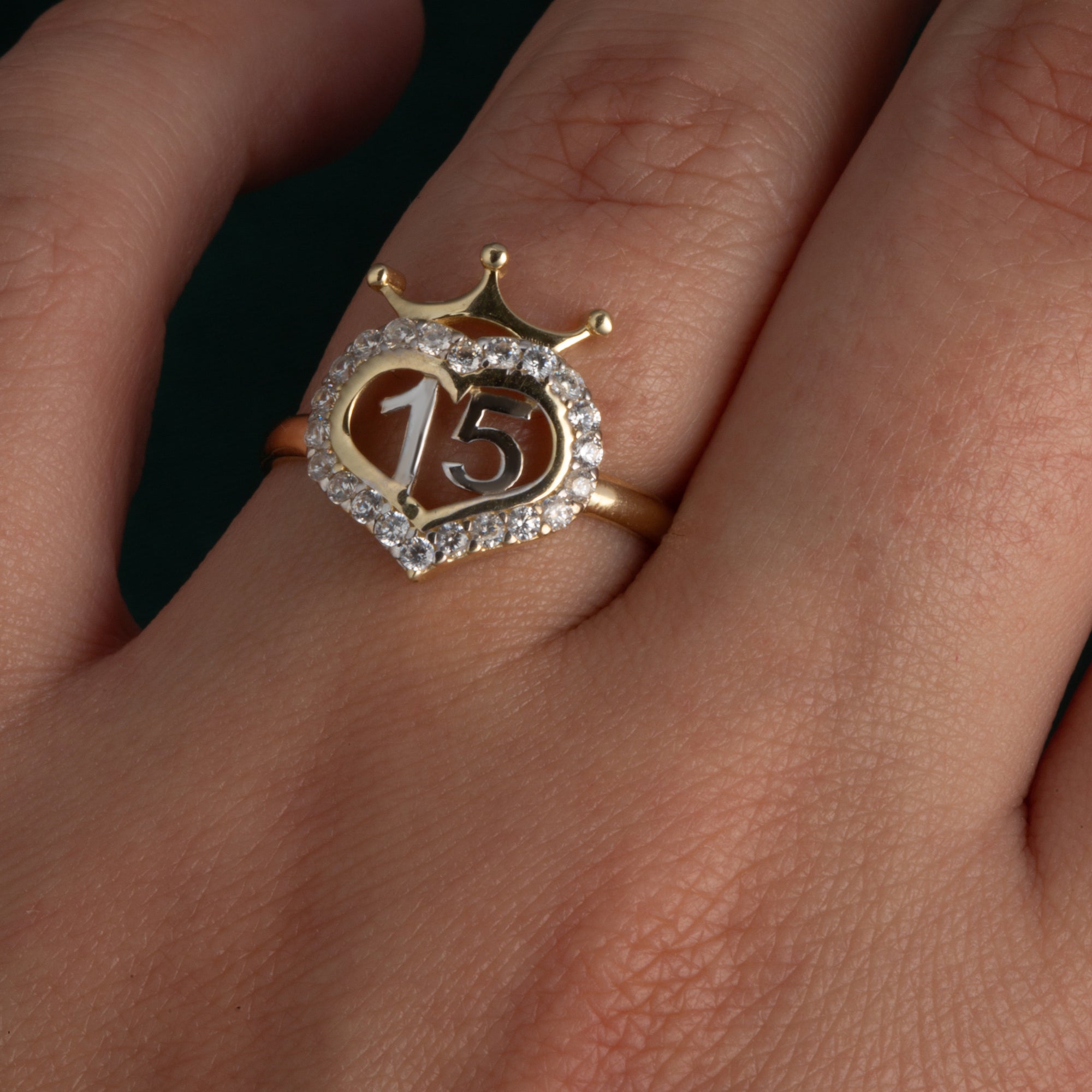14K Two-Tone Gold Cubic Zirconia 15 Años Heart Crown Quinceañera Ring, view 2