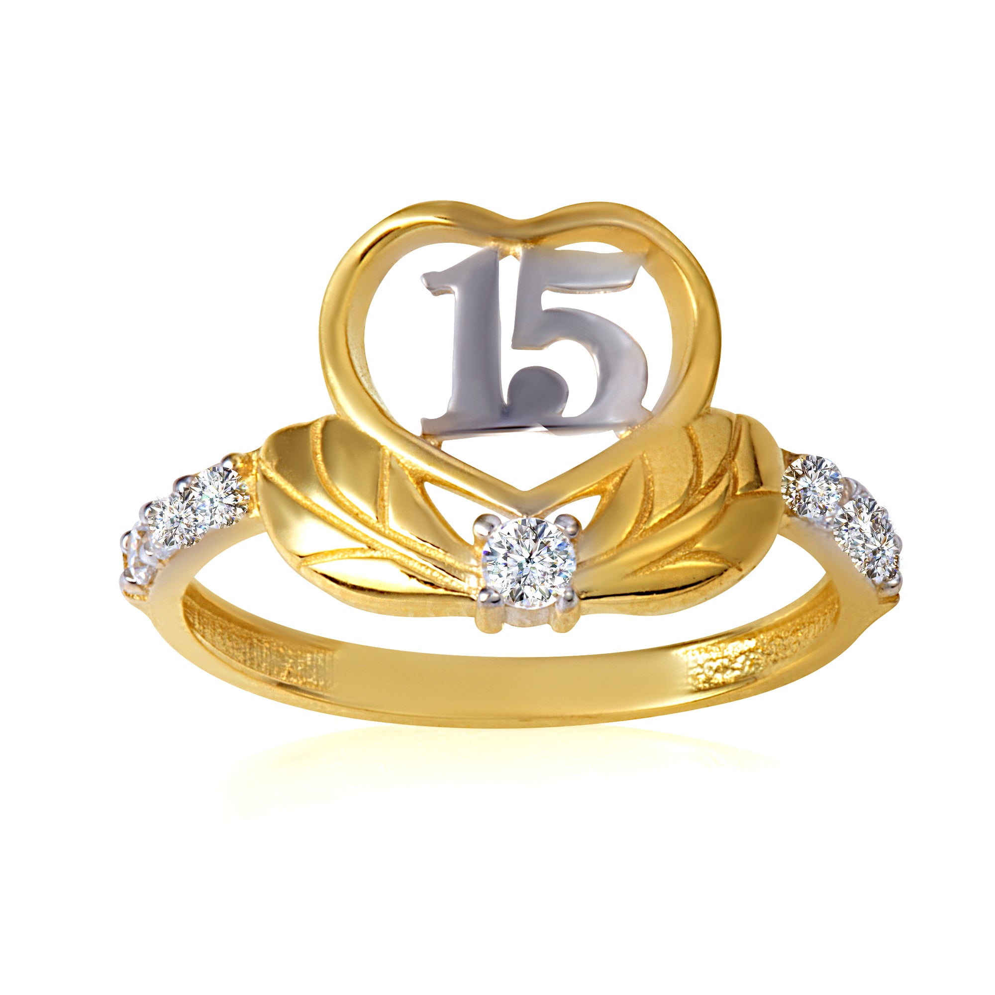 14K Two-Tone Gold Cubic Zirconia 15 Años Heart Quinceañera Ring