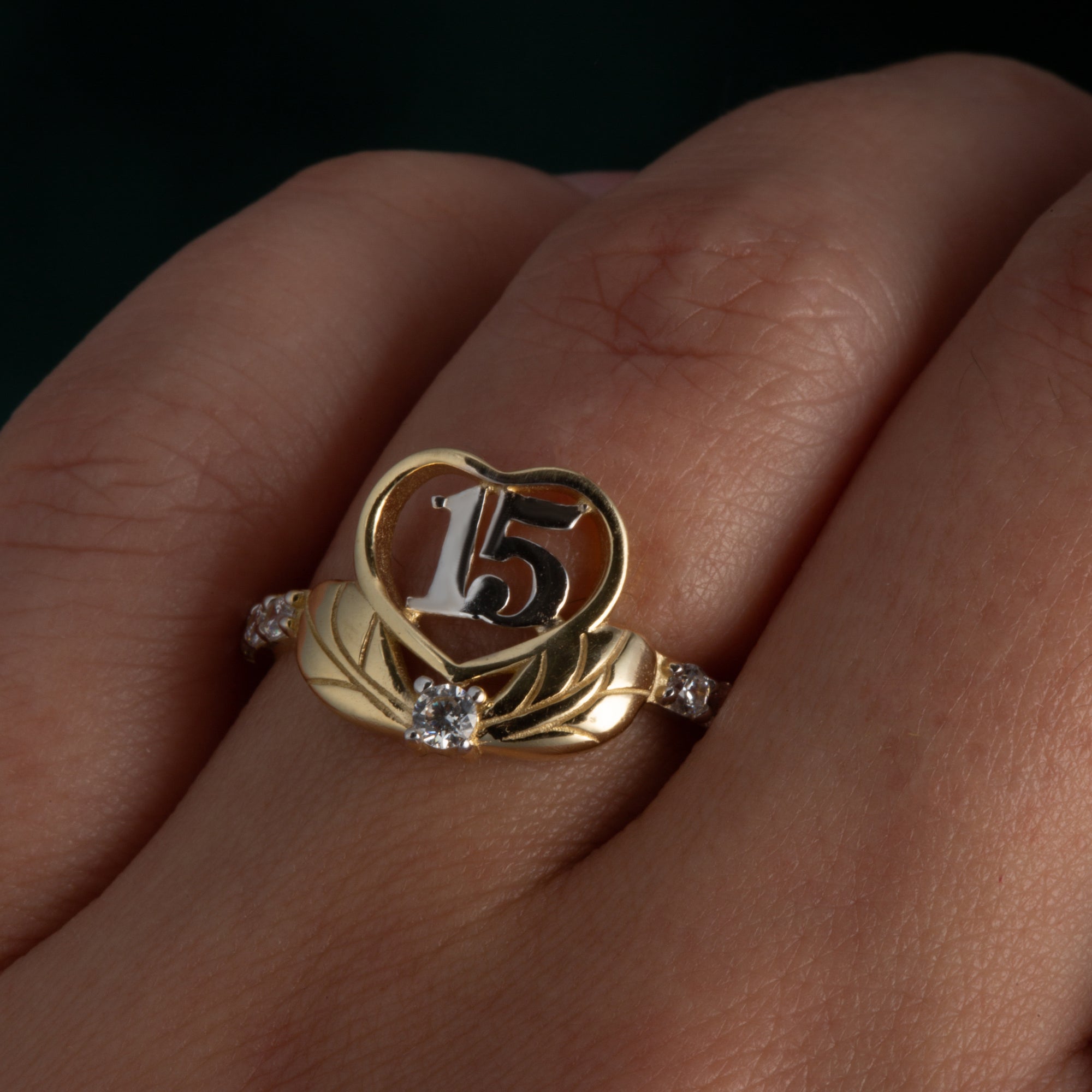 14K Two-Tone Gold Cubic Zirconia 15 Años Heart Quinceañera Ring, view 2