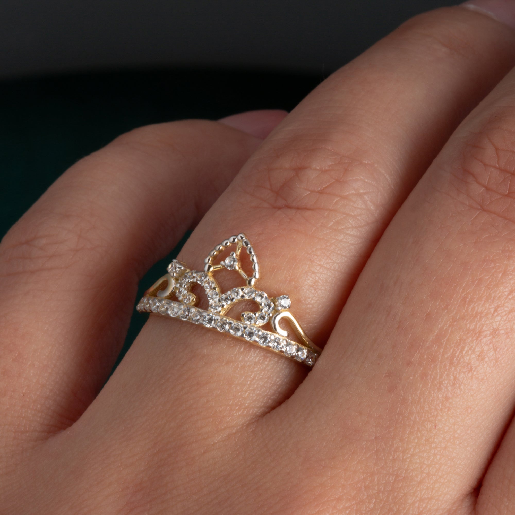 14K Two-Tone Gold Cubic Zirconia Crown Filigree Tiara Ring, view 2